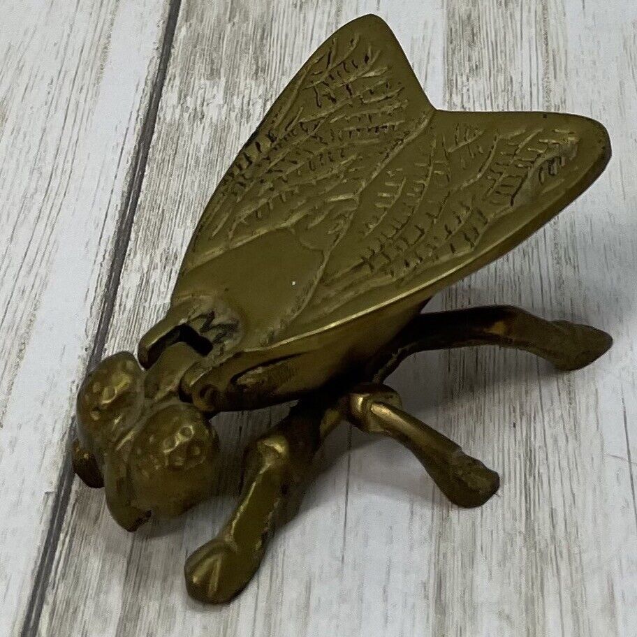 Vintage Brass Bug Ashtray Hinged Wings Insect Fly Wasp Match Striker Tobacciana