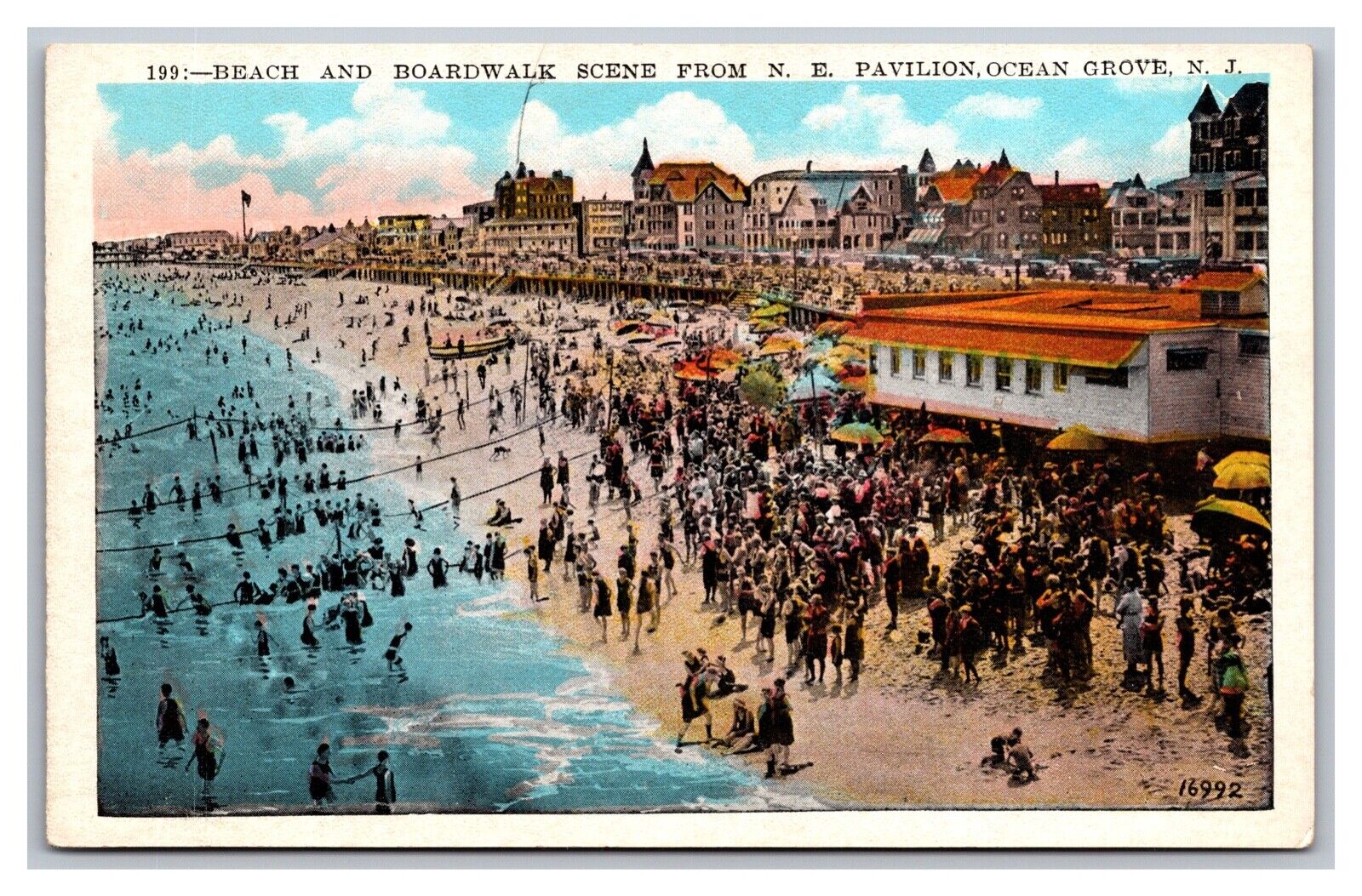 Ocean Grove, NJ New Jersey, Bathing Beach & Boardwalk, White Border Postcard
