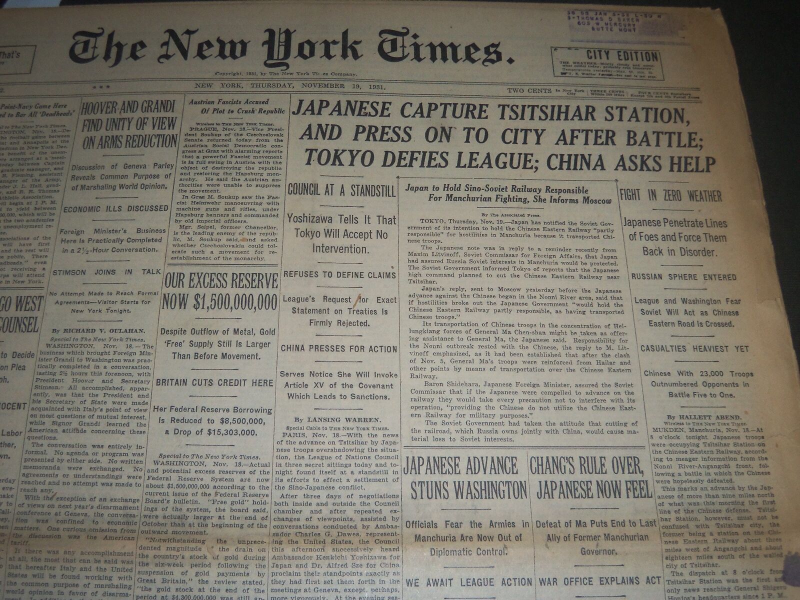 1931 NOVEMBER 19 NEW YORK TIMES - JAPANESE CAPTURE TSITISHAR STATION - NT 6665