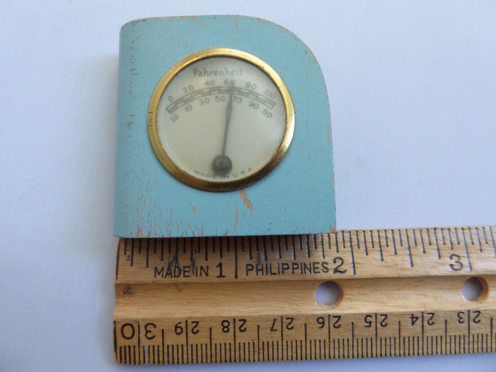 Vintage Fahrenheit Temperature Gauge Mounted In Wood Made in USA Small