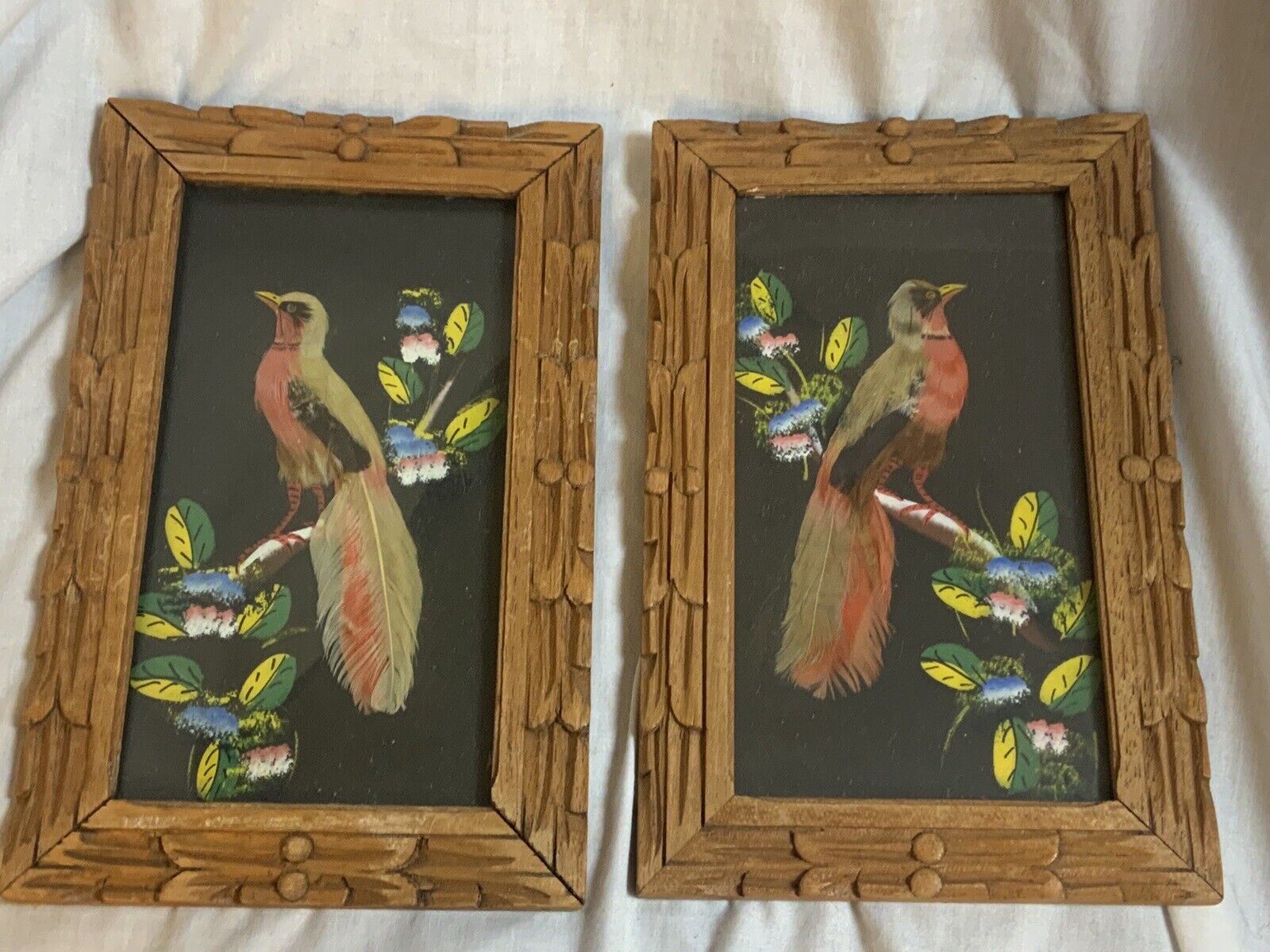 2 Vintage Mexican Feather Art Bird Pictures