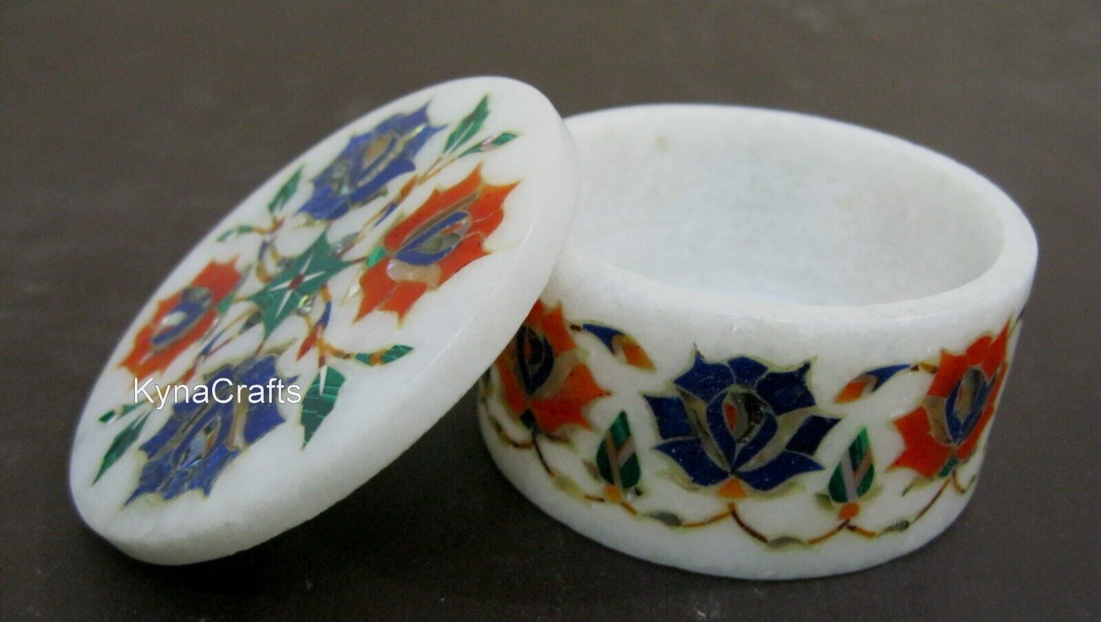 3 Inches Jewelry Box Inlaid with Floral Design Round White Marble Decorative Box