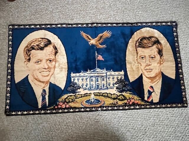 Vintage JFK RFK Kennedy Brothers Wall Hanging Tapestry Rug 38 x 19 White House
