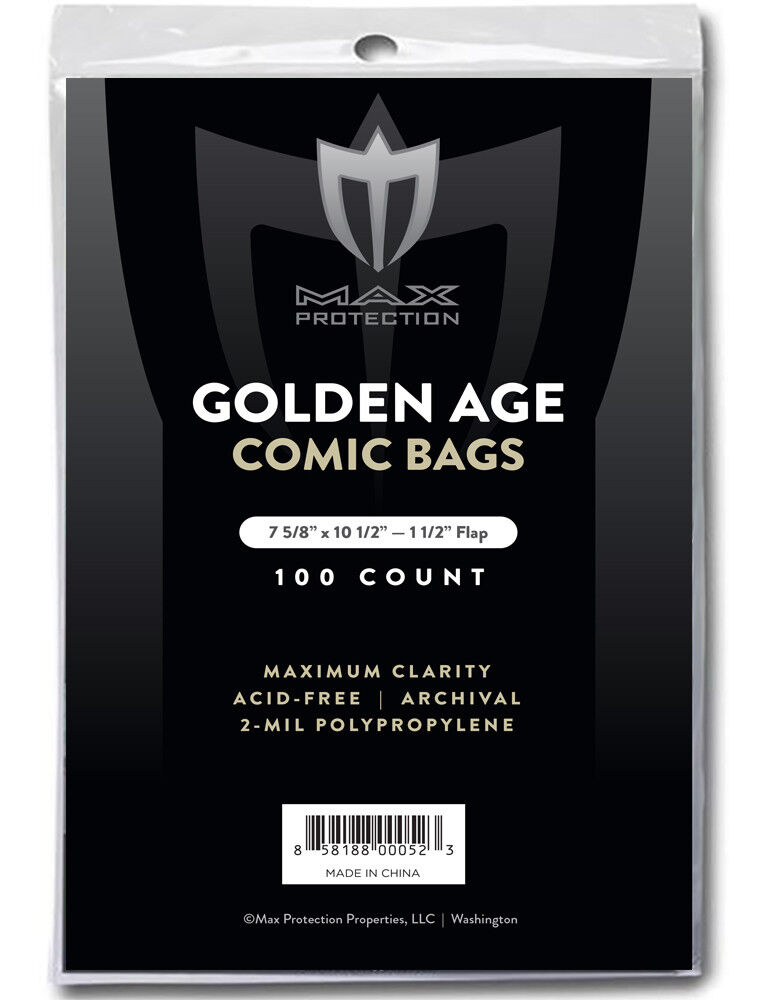 1 PACK - 100 pc MAX PRO GOLDEN AGE COMIC BOOK BAGS 7-5/8 x 10-1/2 SLEEVES