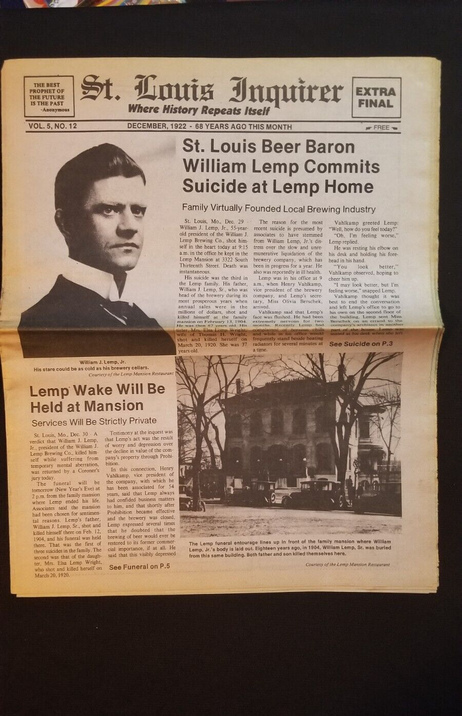 Vintage St Louis Inquirer Newspaper William Lemp Suicide Mansion 1922 Complete
