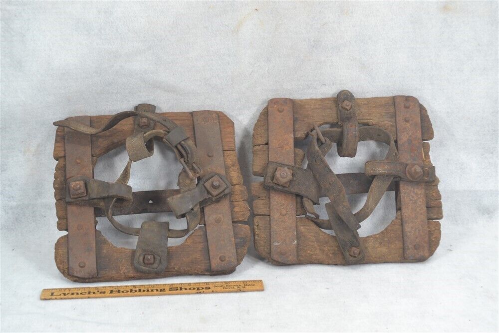 antique early work horse bog mud snow shoes swamp wood iron 19th c original pr