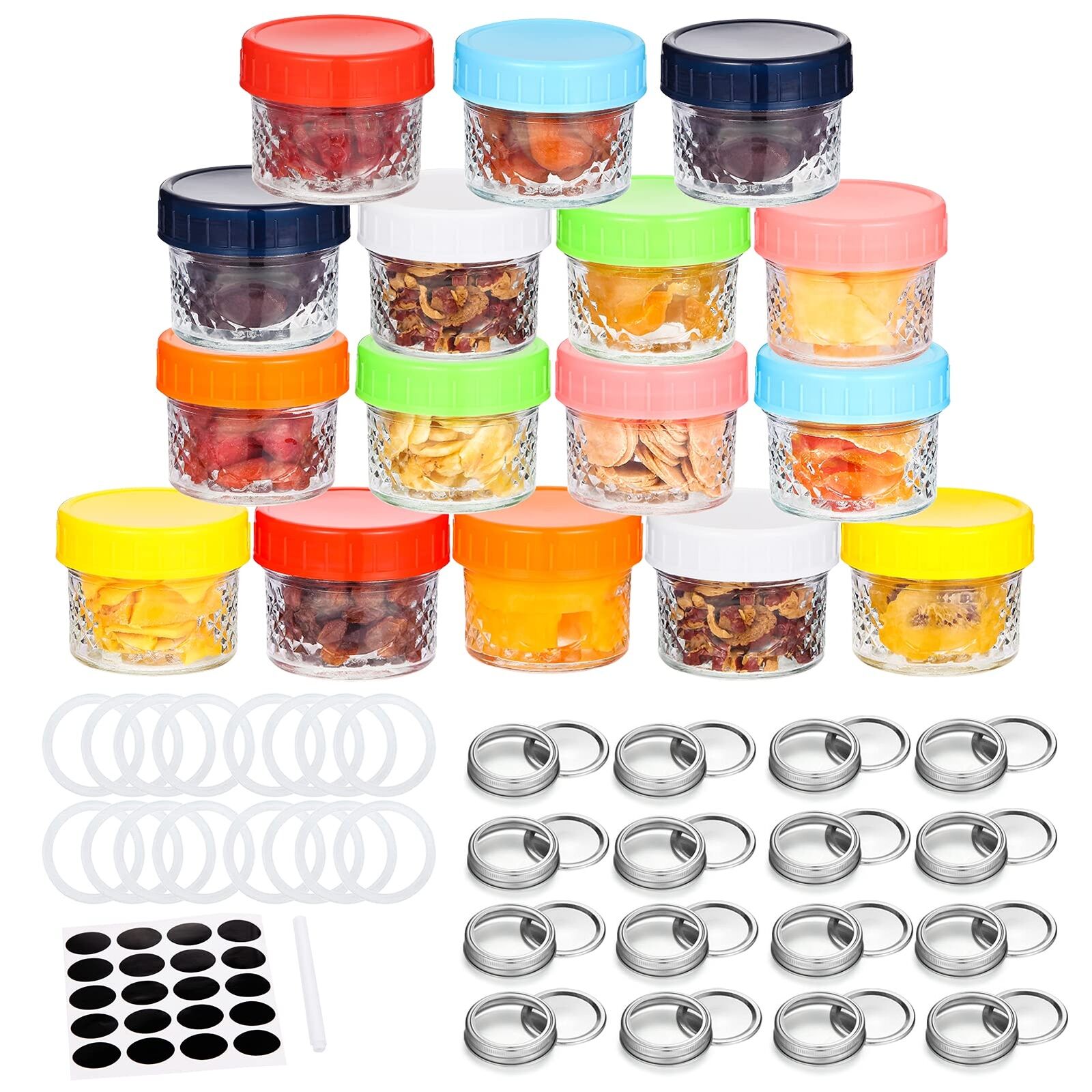 Mini Mason Jars 4 oz - Pack of 16, small glass jars with lids and sealing ban...