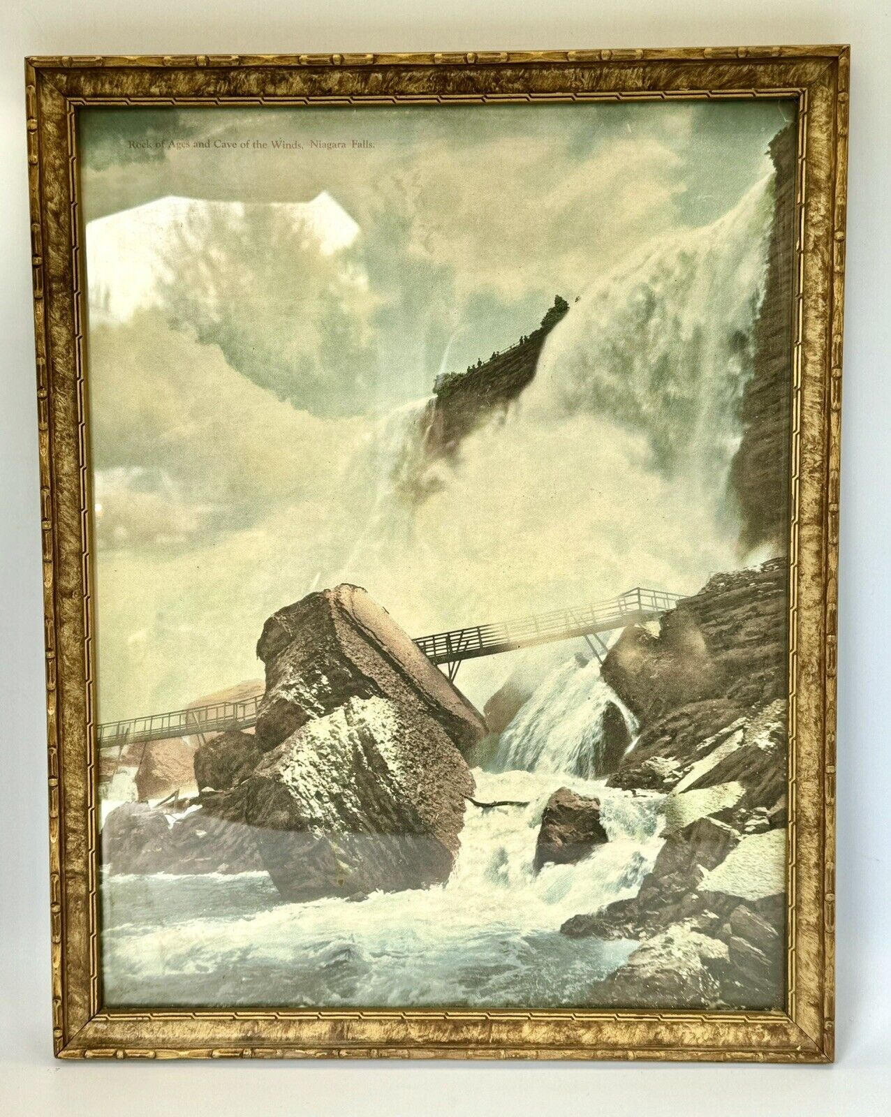 Vintage Niagara Falls Print &  Art Deco Gold Wooden Picture Frame 16.5” x 13”