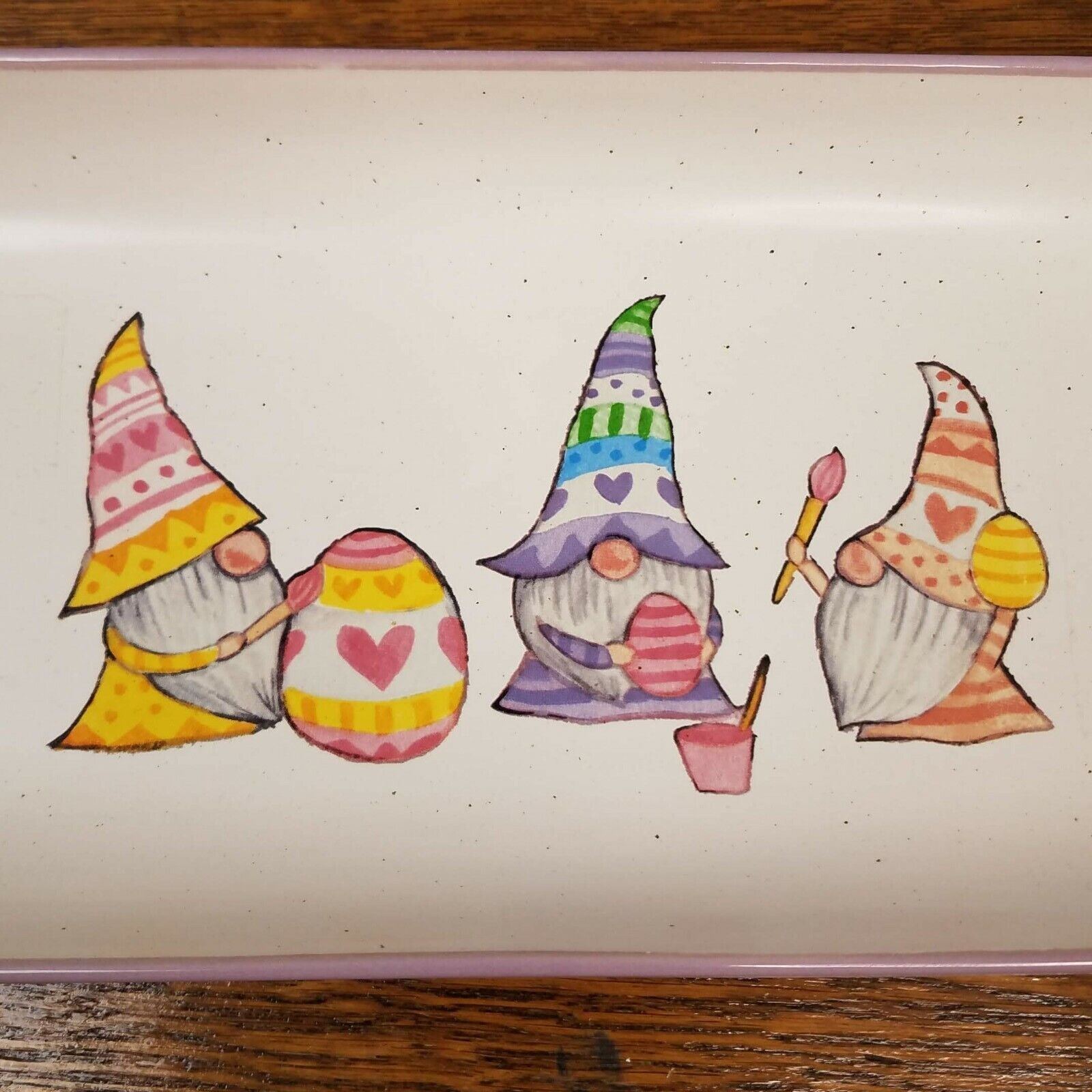 Ceramic Purple Rectangular Easter Platter/Candy Dish Gnomes Painting Easter Egg