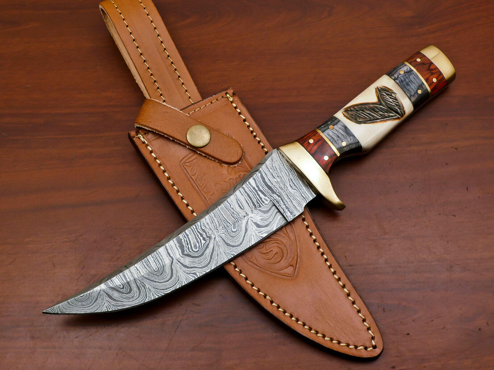CUSTOM HAND MADE DAMASCUS BLADE BOWIE HUNTING KNIFE- ENGRAVED BONE - HB-3458