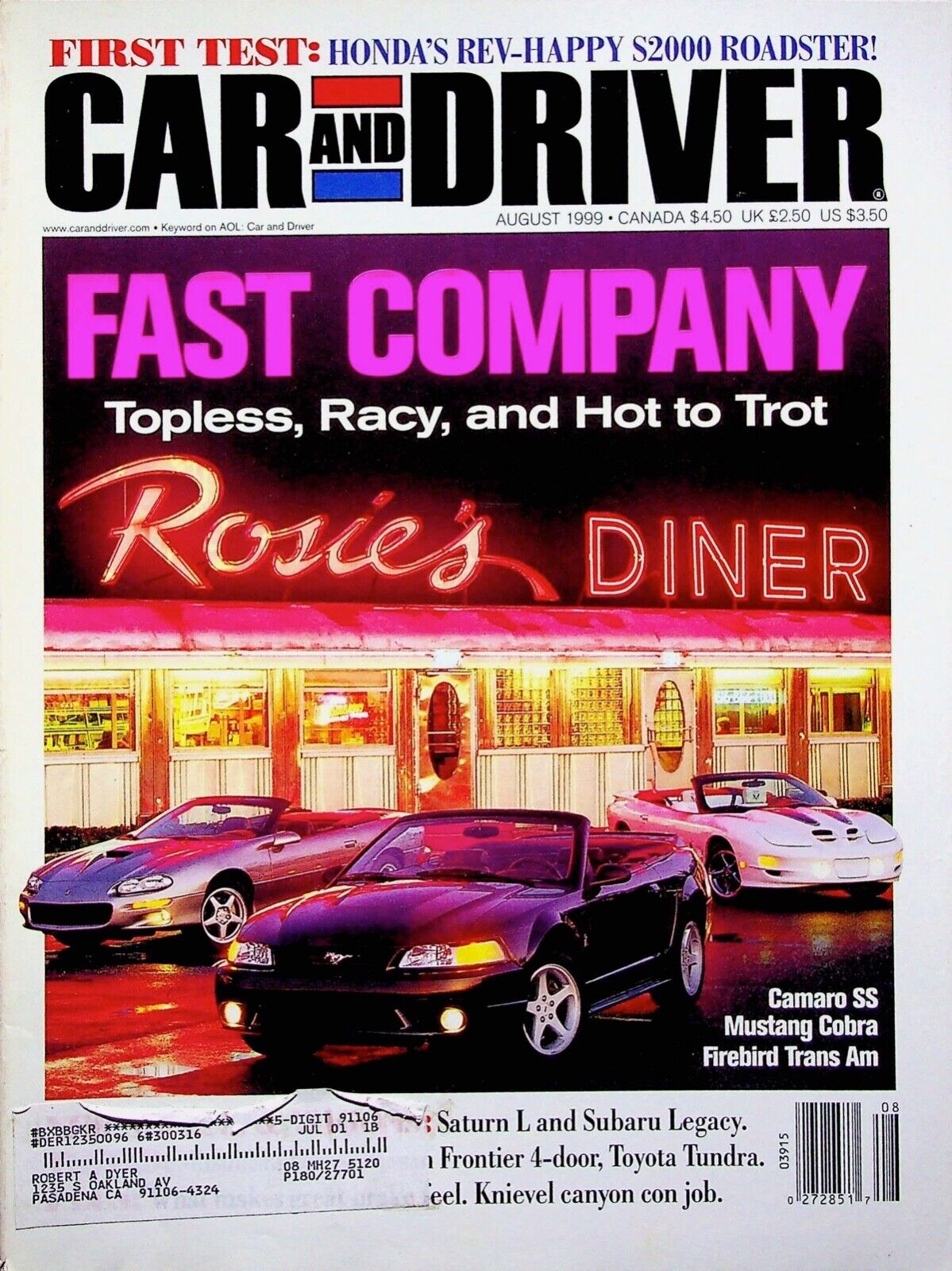 FAST COMPANY TOPLESS, RACY, AND HOT TO TROT - CAR AND DRIVER MAGAZINE, AUG 1999