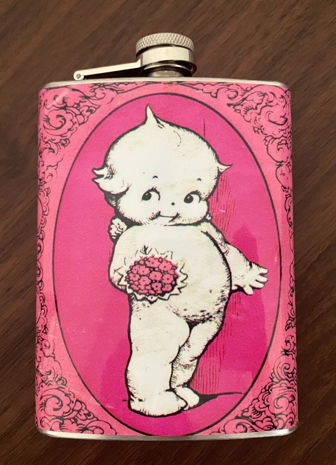 Vintage Cherub Doll Flask 8oz Stainless Steel Pink