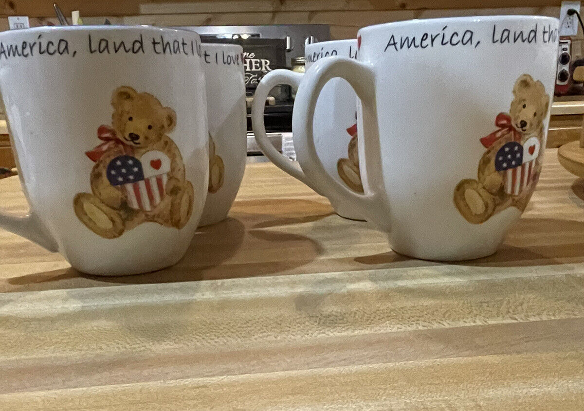 America, Land That I Love By Retroneu Set Of 4 mugs Teddy Bear 2002