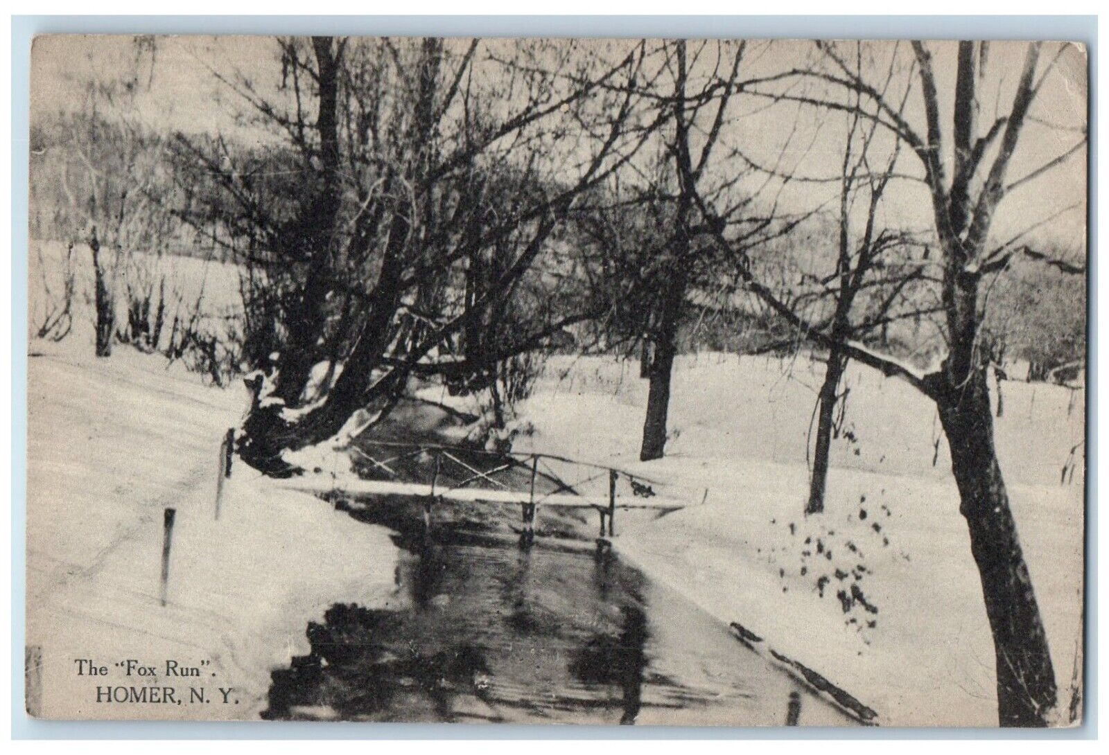 1910 Fox Run Bridge River Lake Snow Cold Homer New York Vintage Antique Postcard