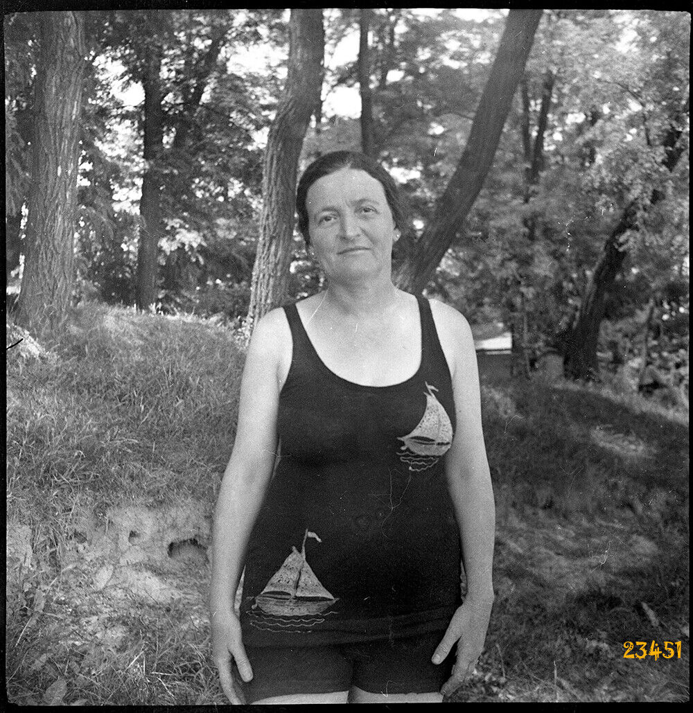 thick woman in swimsuit, sailing boat,  vintage negative, 1930\'s  