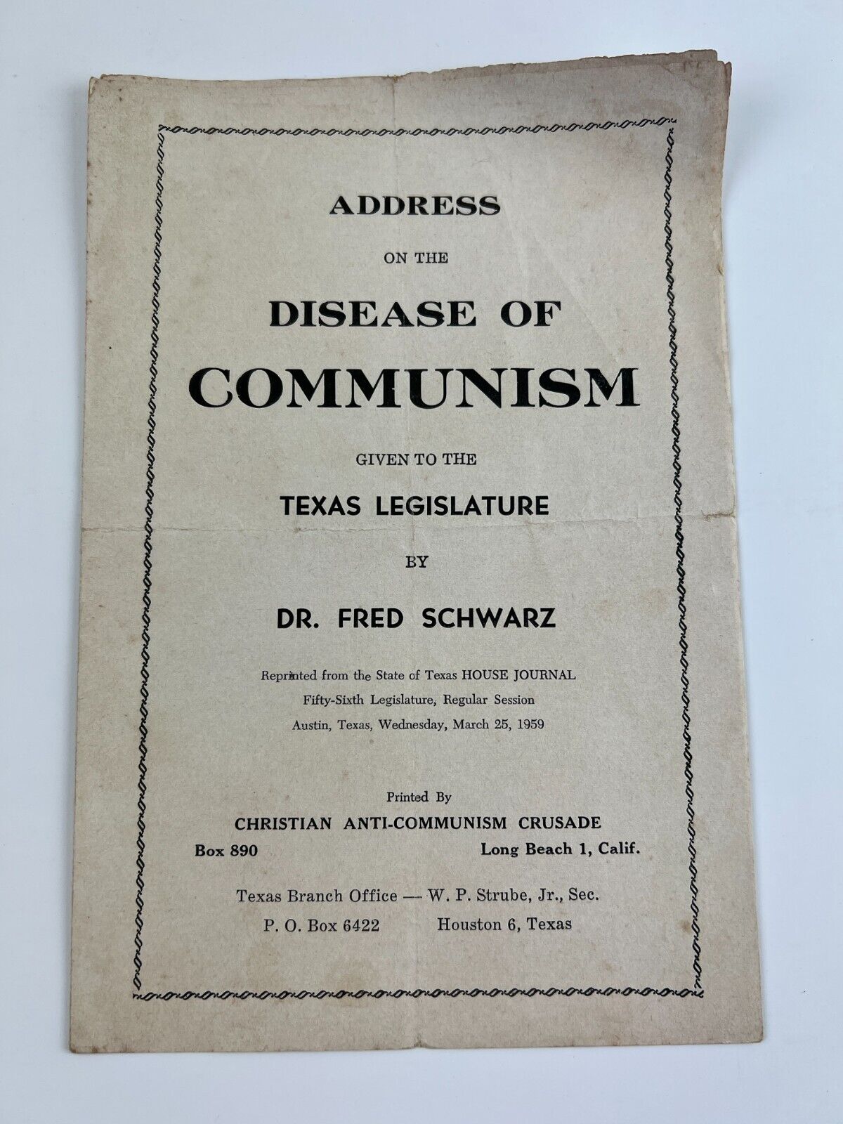 Disease of Communism, Texas Legislature by Dr Fred Schwarz, 1959 Pamphlet, Rare