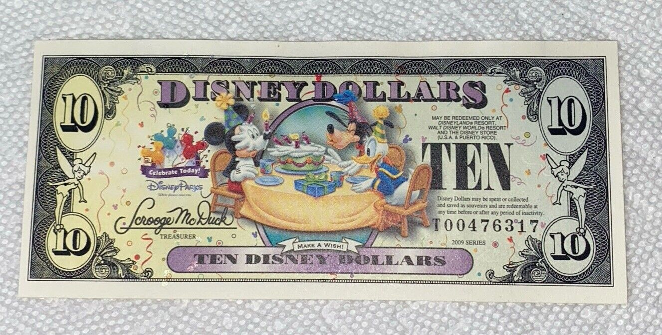 2009-T Block. $10 Disney Dollars. Make A Wish. Disney Store. CU.