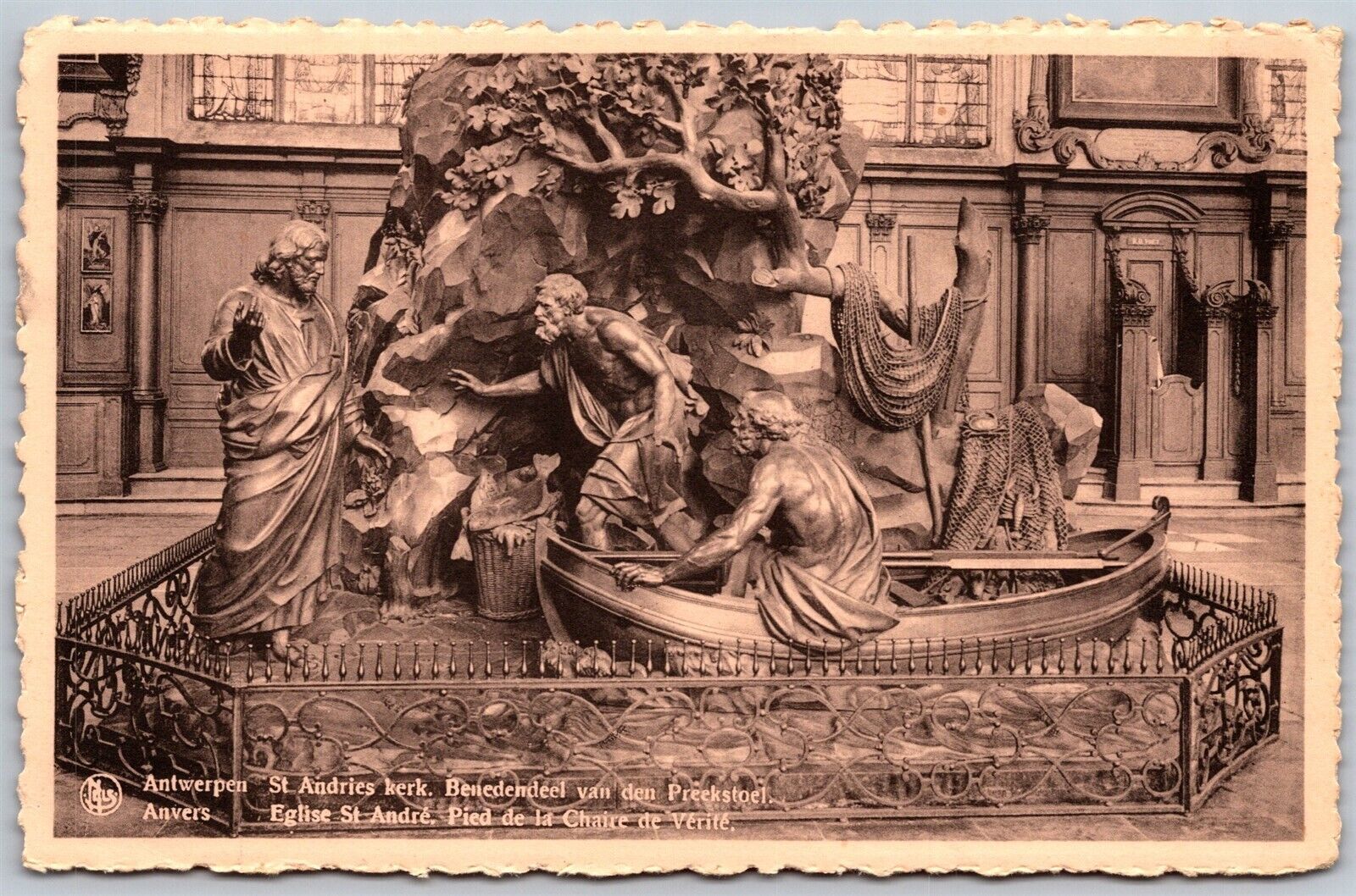 Vtg Belgium Baroque Oak Pulpit in St Andrews\' Church in Antwerp Postcard