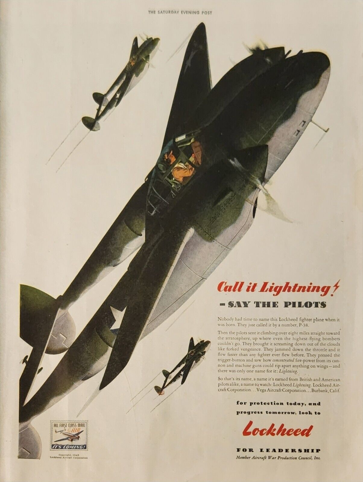 1943 Lockheed for leadership Aircraft Corporation Vintage Ad call it lightning