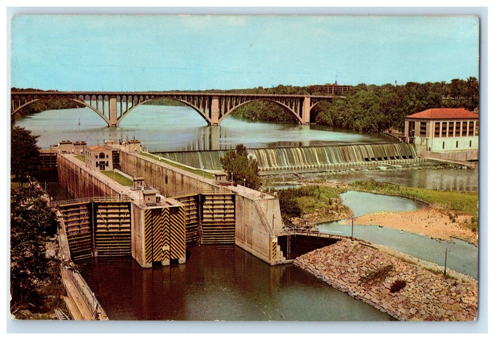 1969 US Government Dam And Locks Ford Bridge Minneapolis MN Vintage Postcard