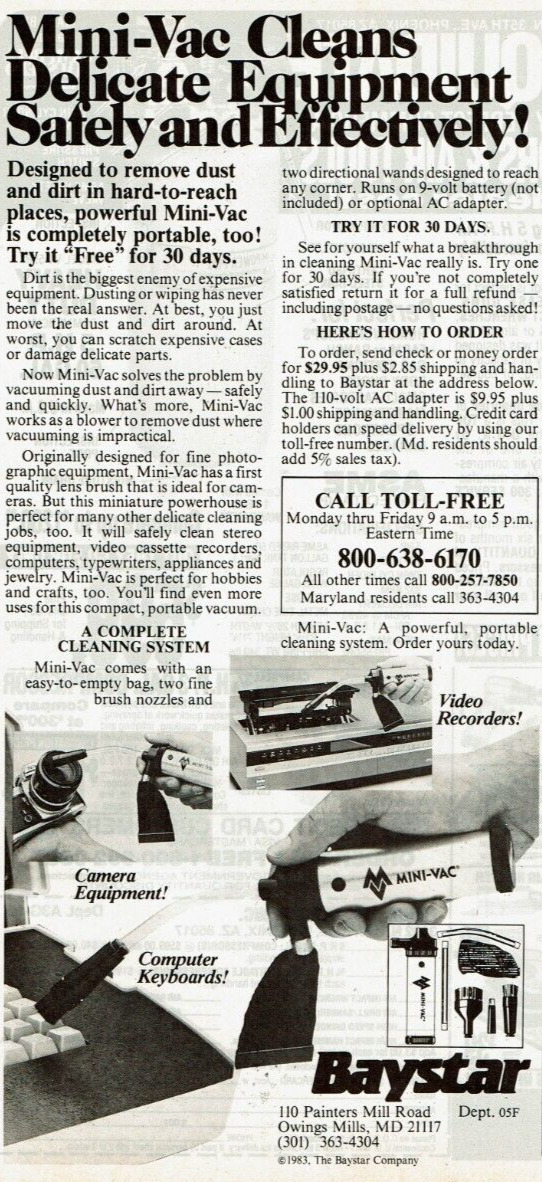 1983 Vintage Print Ad Baystar Mini-Vac Cleans Delicate Equipment Vacuum Dust