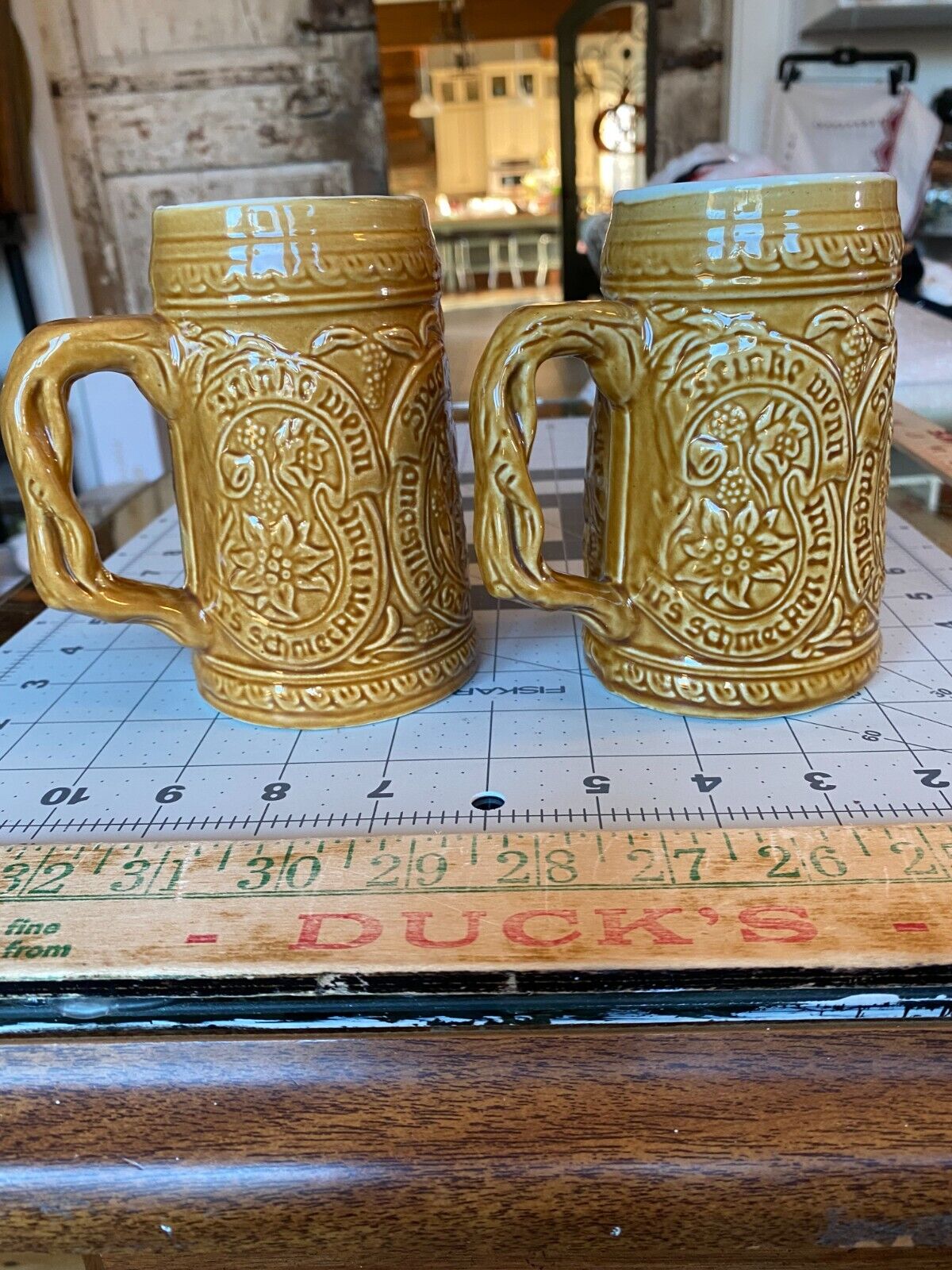 Vintage Ceramic Embossed Handpainted Beer Mugs Set of 2