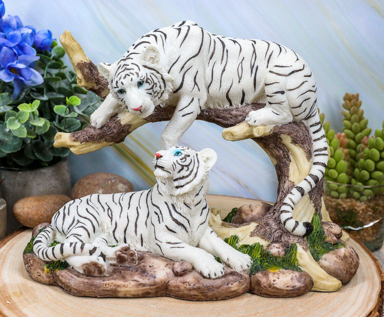 Jungle Frolic Siberian Bengal White Tiger Couple By Forest Curved Tree Figurine