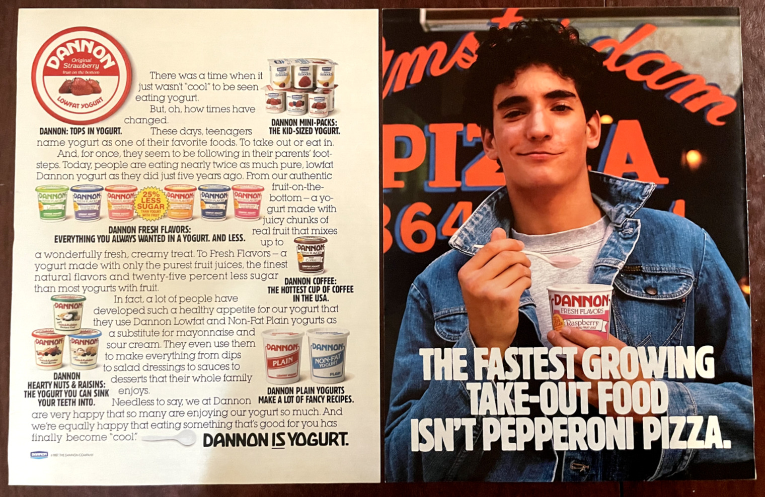 1988 DANNON Yogurt Vintage 2-Page Print Ad Take Out Food Pepperoni Pizza