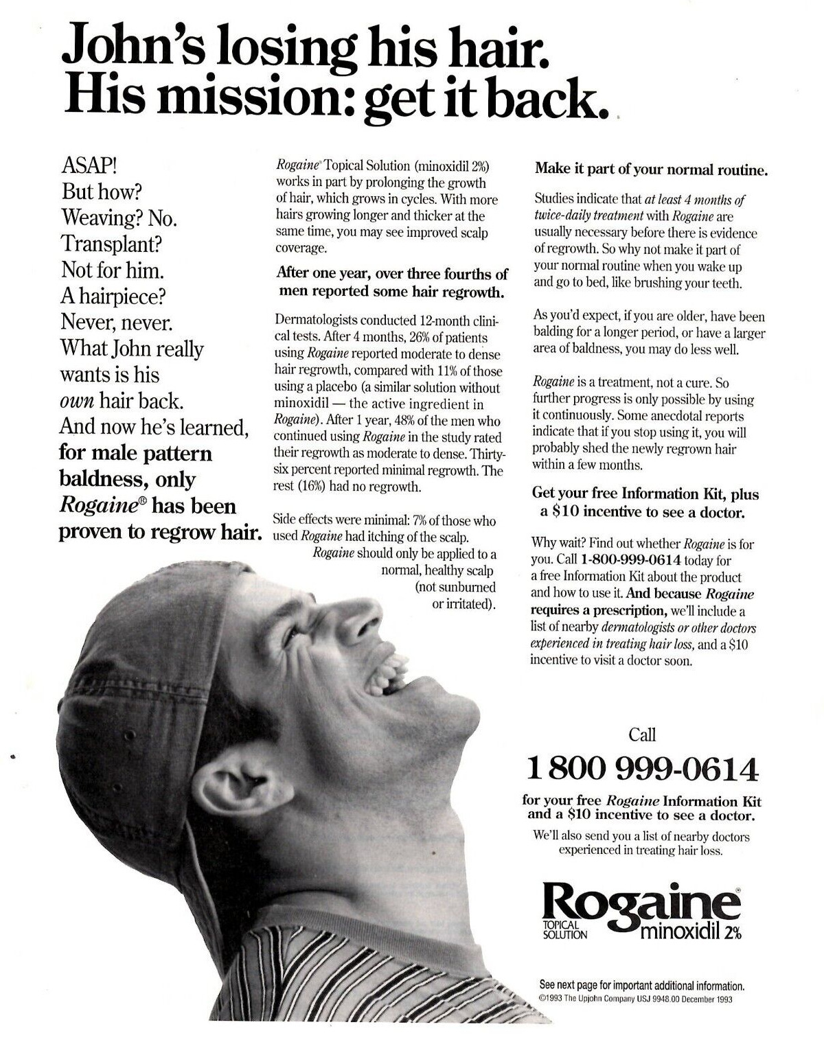 1994 Print Ad Upjohn Company Rogaine John's losing his hair  w mail in card