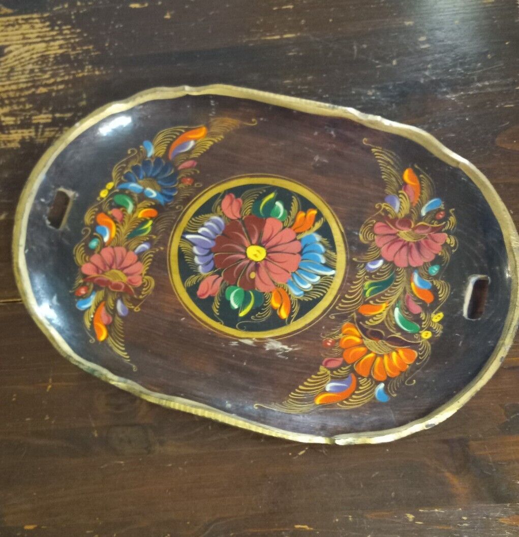 Vtg Mexican Folk Art Wooden Tray Carved Flora Hand Painted Serving