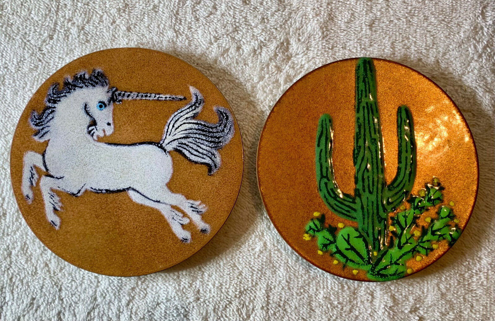 2 Annemarie Davidson Enamel On Copper Hand Crafted Unicorn & Cactus Plate 5