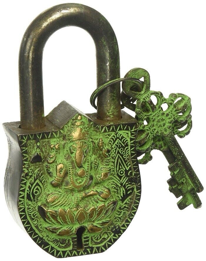 INDIA - BRASS LOCK LORD GANESHA GANESH WITH KEY [ TWO ] - WEIGHT 430 GRAMS