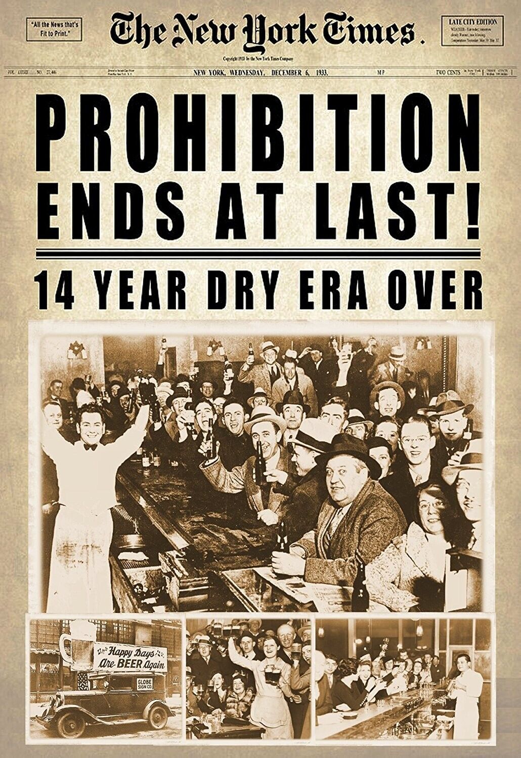 Set of 2 Vintage Prohibition End Newspaper Headlines Posters Print 12 x 18