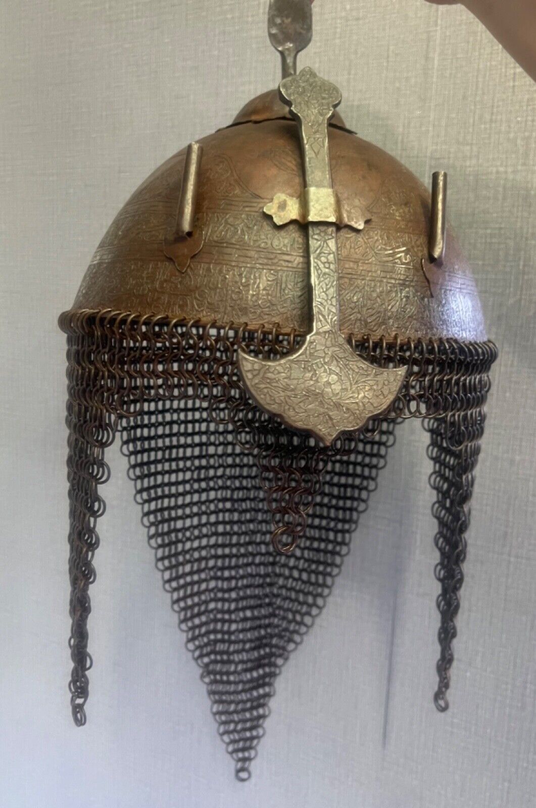 Collectable Old Islamic Safavid Era Islamic King Iron Helmet With Arabic Calligr