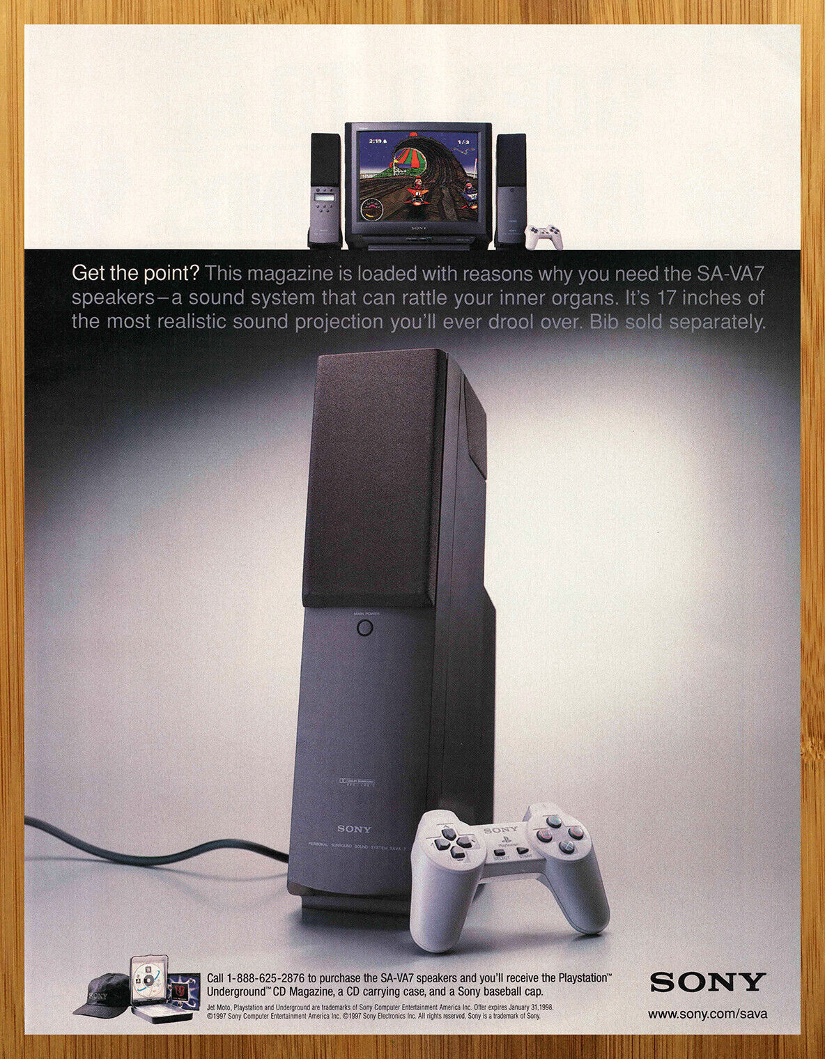 1997 SONY SA-VA7 Speakers PS1 Playstation 1 Vintage Print Ad/Poster Jet Moto Art
