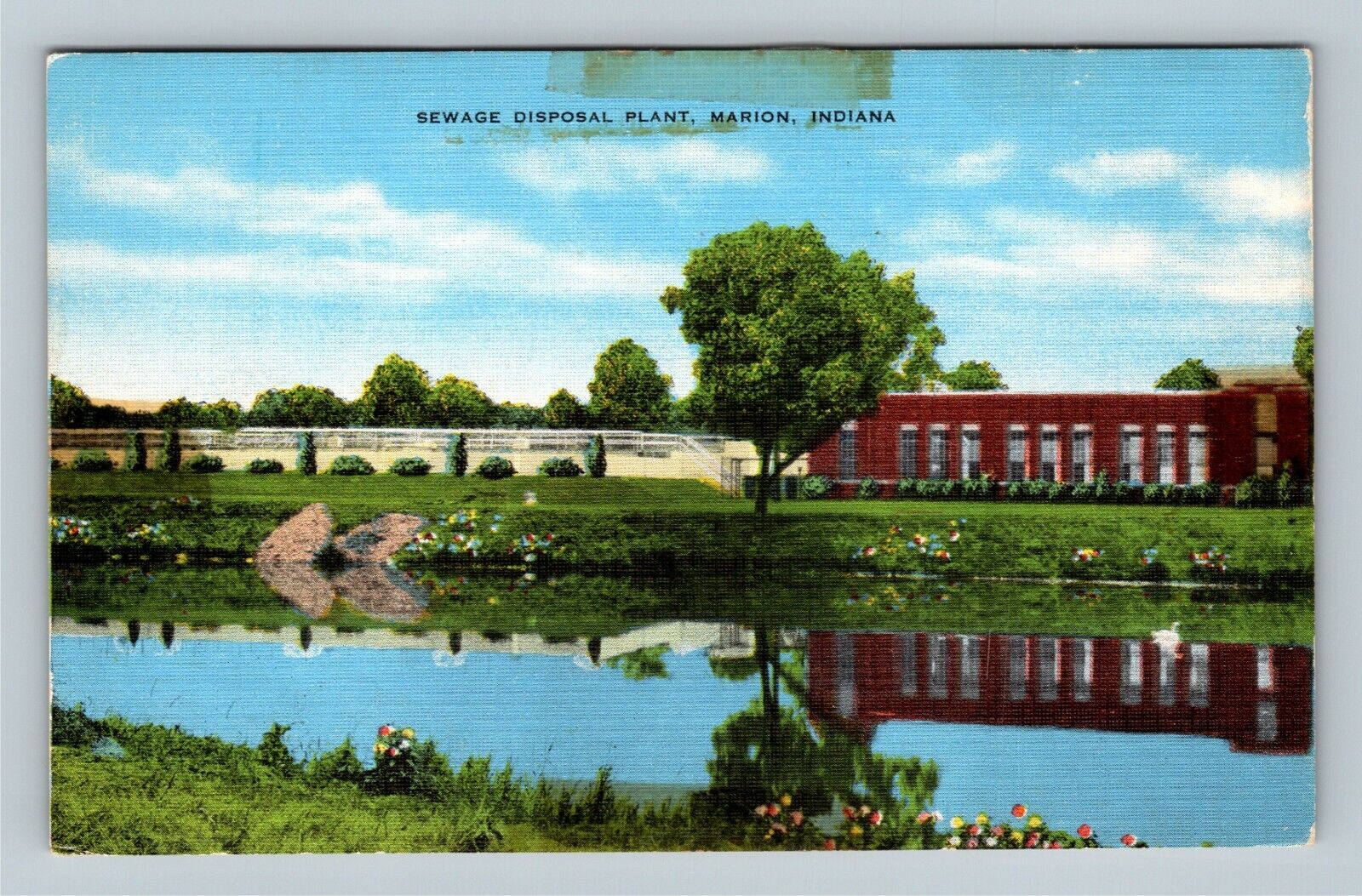 Marion IN, Modern Sewage Disposal Plant, Reflection Pond VintageIndiana Postcard