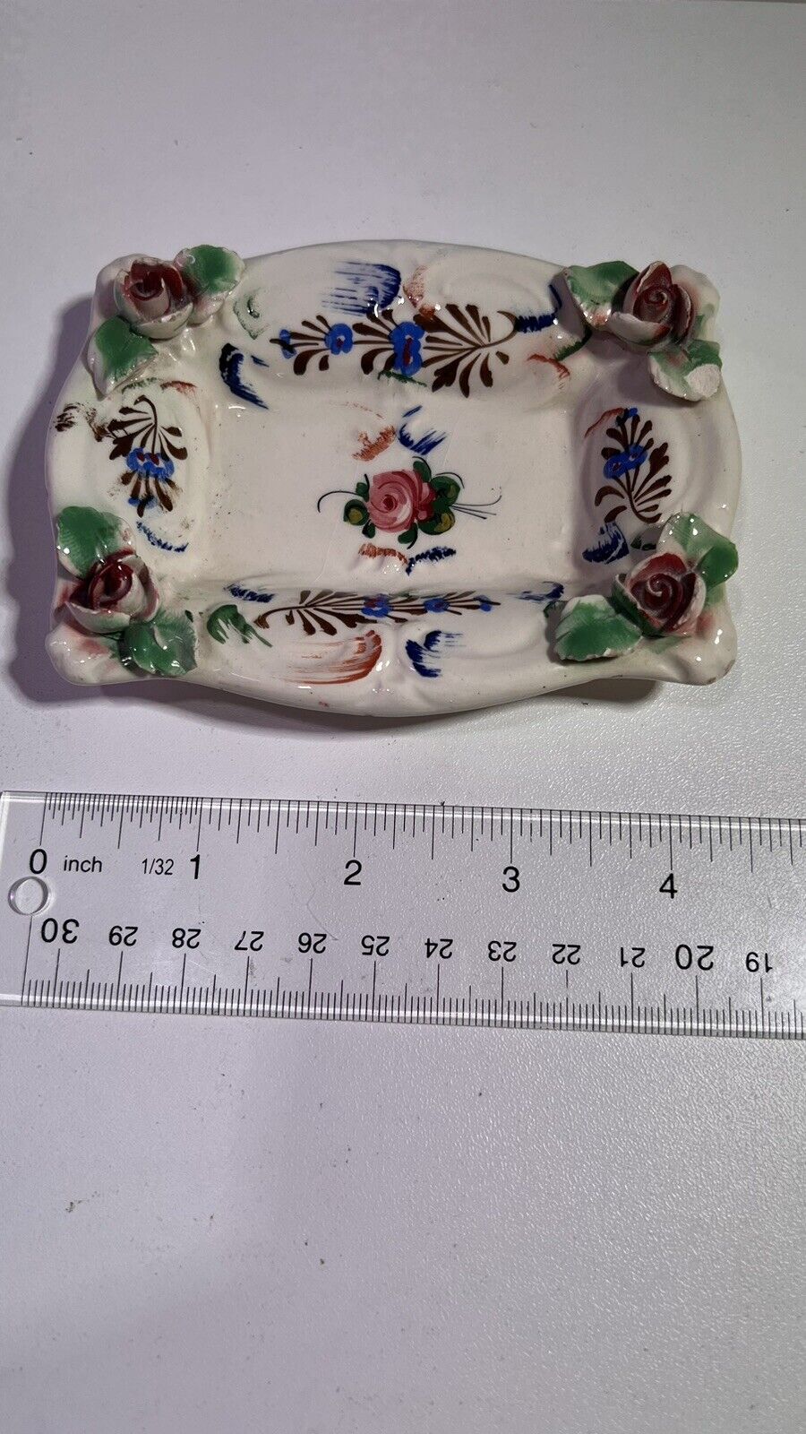 vintage Italian Porcelain Trinket Dish, Applied Roses