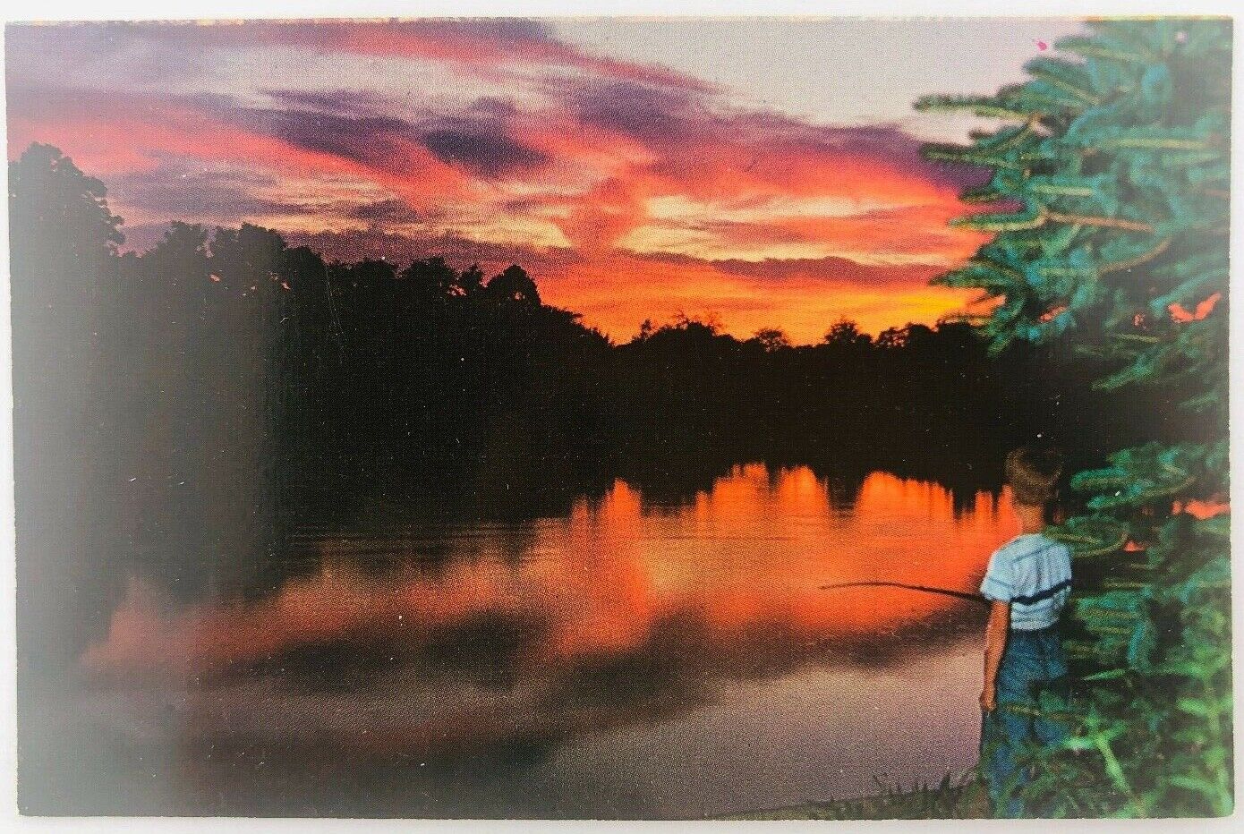 Vintage Pennsylvania PA Fishing at Sunset on a Pennsylvania Farm Pond Postcard