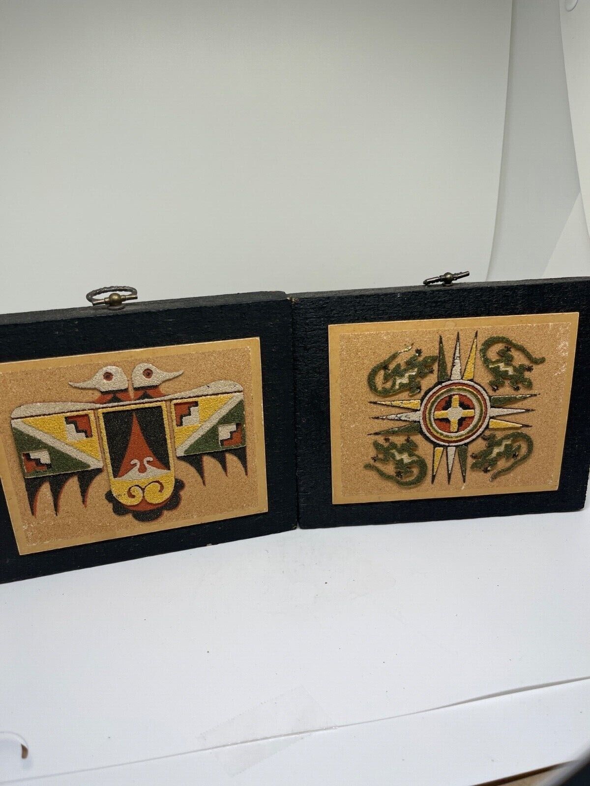 2Plaques with Native American Sand Art Thunderbird/The creation of life forces. 