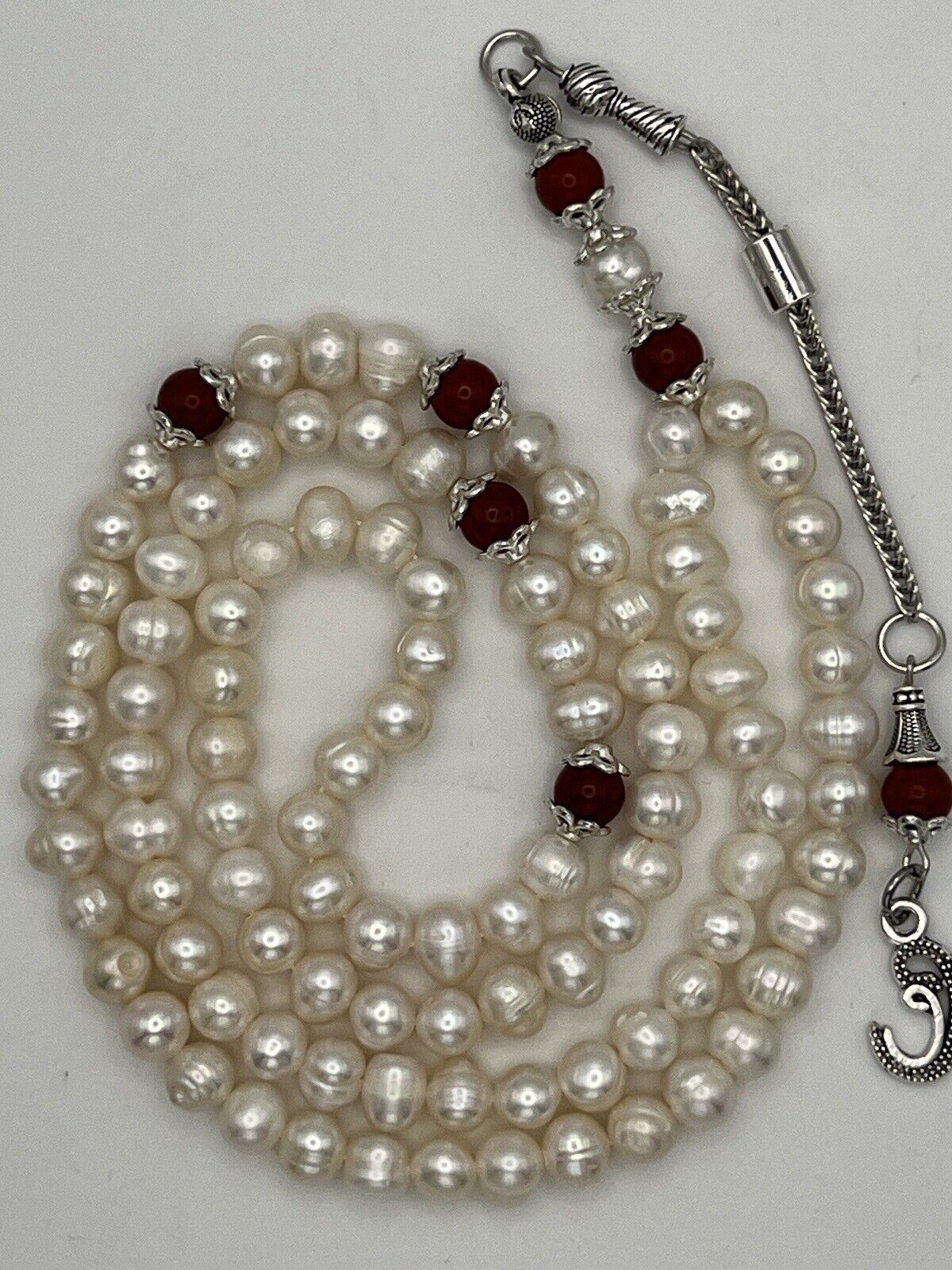 Natural Pearl Tasbih Misbaha With Red Jasper Rosary Prayer Bead مسبحة لؤلؤ طبيعي
