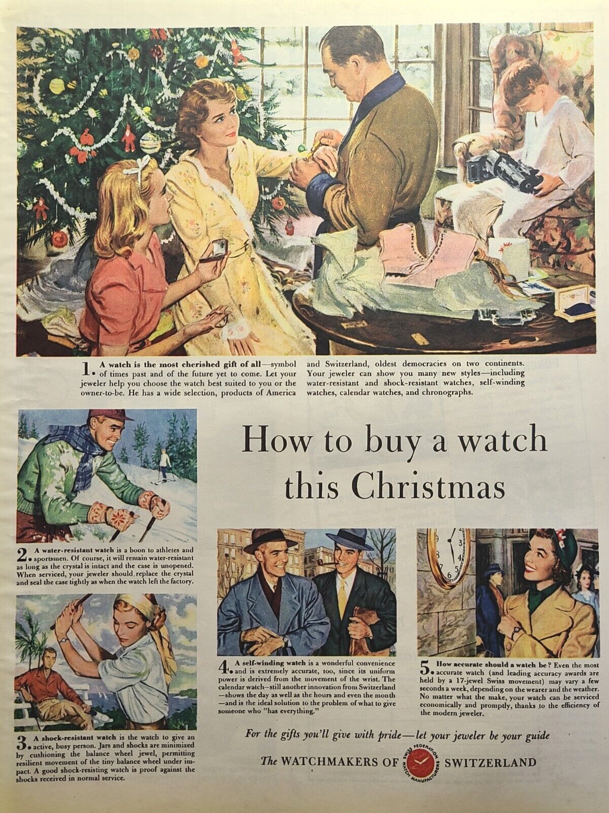 Watchmakers Of Switzerland Christmas Watch Gift Family Vintage Print Ad 1948