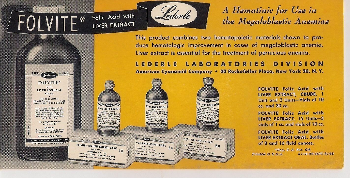 USA Old Advertising Card Folvite Folic Acid With Liver Extract Lederle