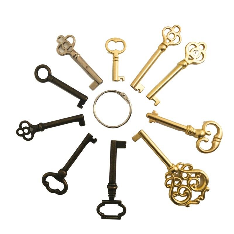 10X Vintage Style Metal Magery Skeleton Key Set Reproduction for Cabinet Doors