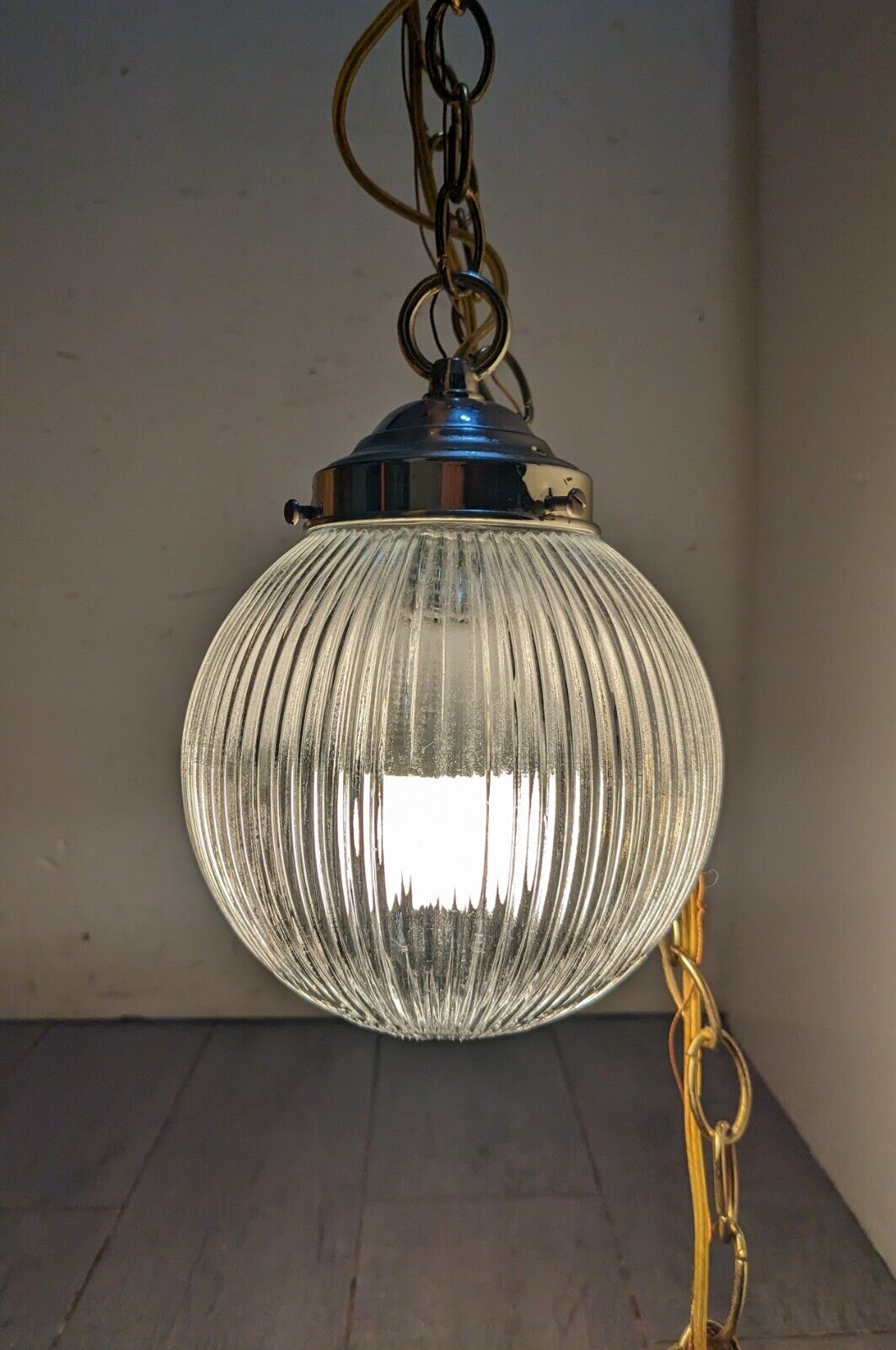 Vintage Clear Ribbed Holophane Glass Globe Swag Pendant Light - Hanging Chain