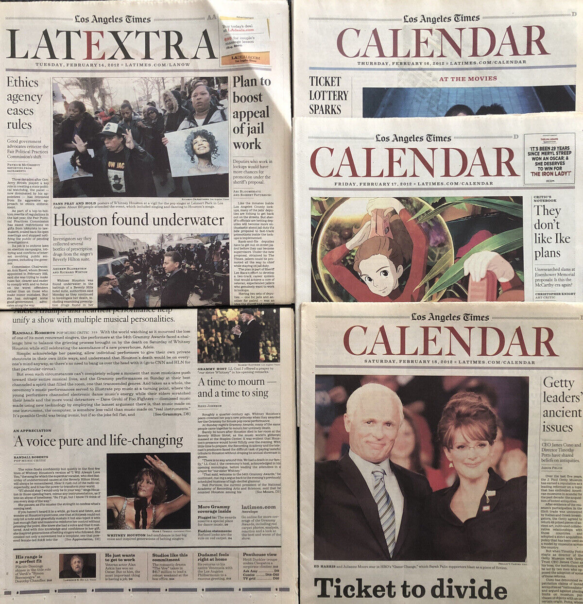 Whitney Houston Dies Los Angeles Times Newspaper Lot February 2012 + Grammys