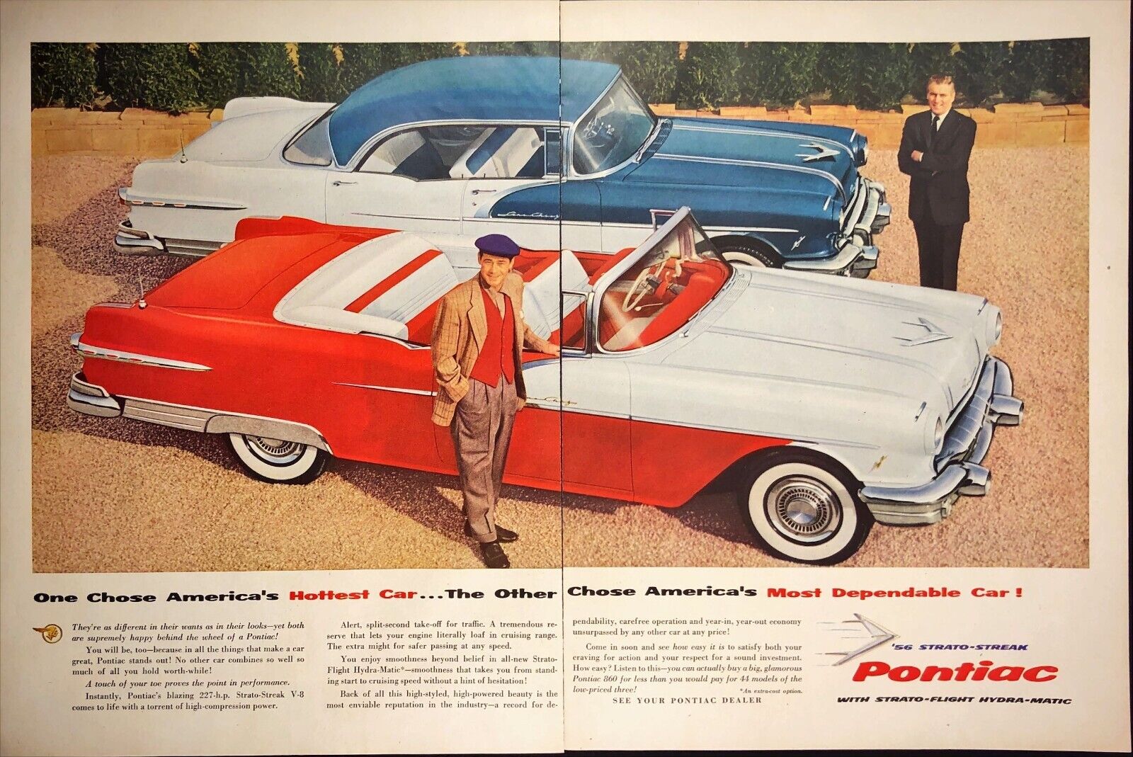 1956 Pontiac 860 Strato-Streak TWO PAGE Print Ad Red Convertible Man Cave