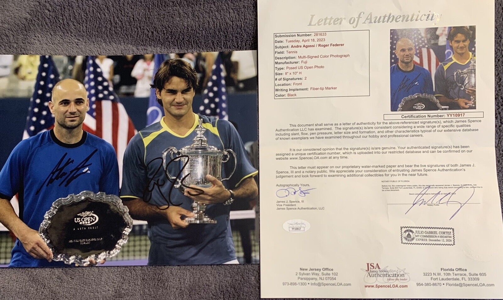 Federer Agassi SIGNED 8X10 Photo JSA FULL LETTER COA Autographed ROGER ANDRE