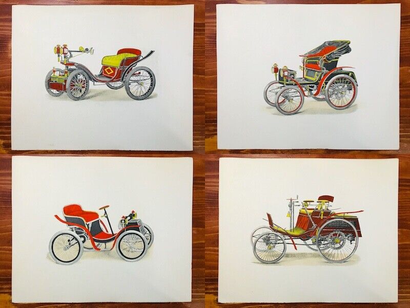 VTG FIREFIGHTER HISTORY 1940S AUTOMOBILE LITHOGRAPHS SET OF FOUR (4) PAUL BARUCH
