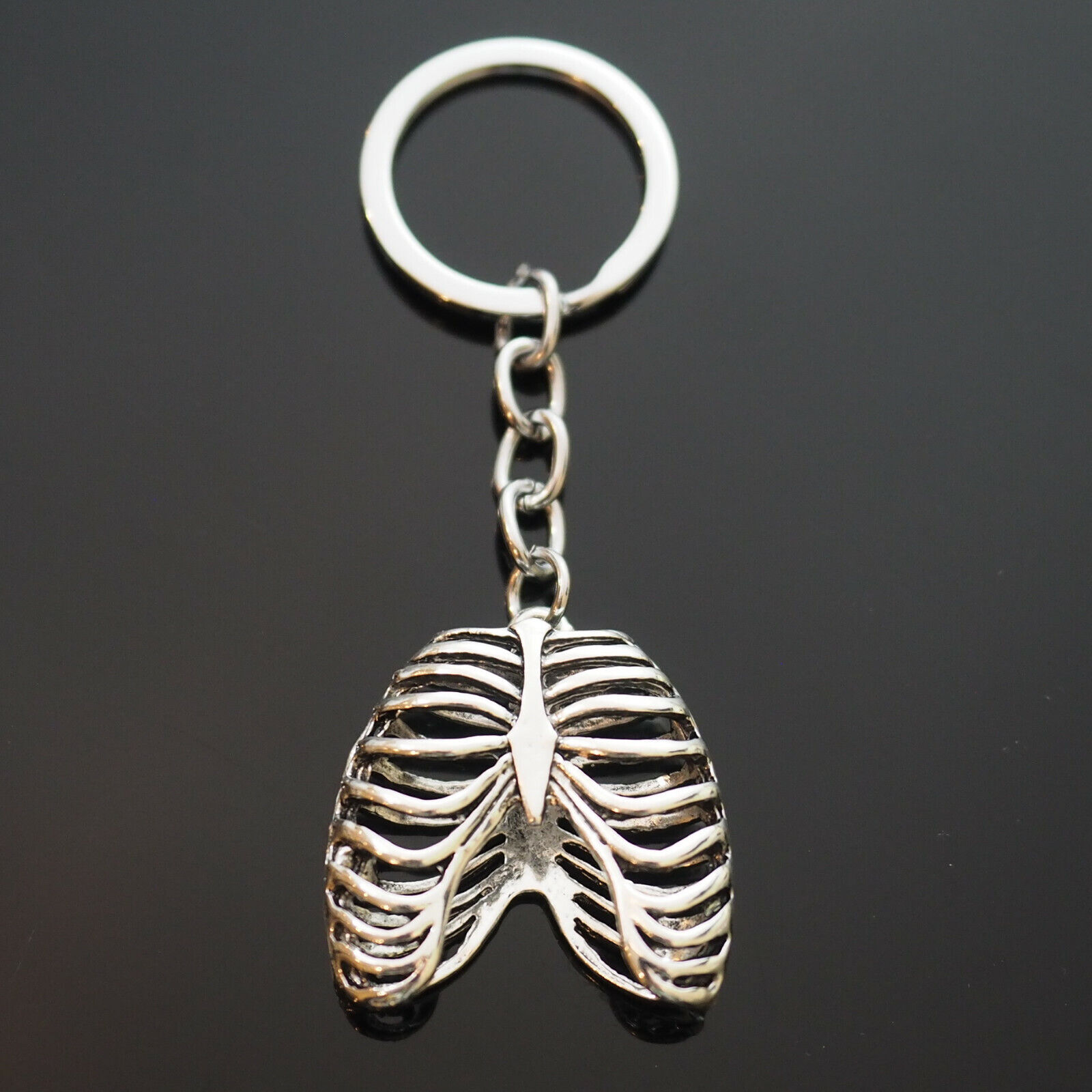 Vintage Silver Rib Cage Lungs Skeleton Bones Charm Pendant Keychain Gift