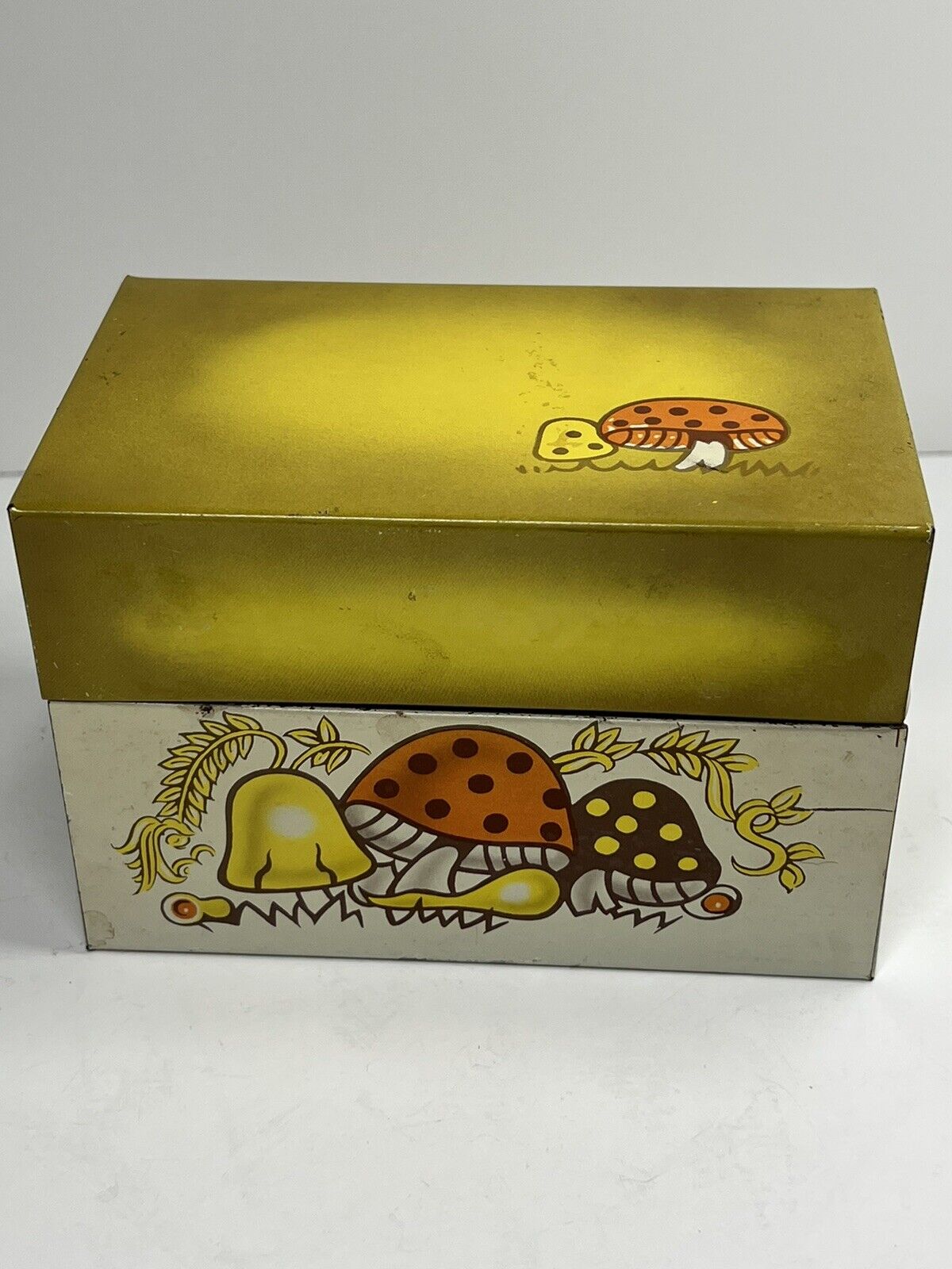 Vintage Syndicate Mfg Co 1970s Hippy Merry Mushrooms Metal Tin Recipe Box